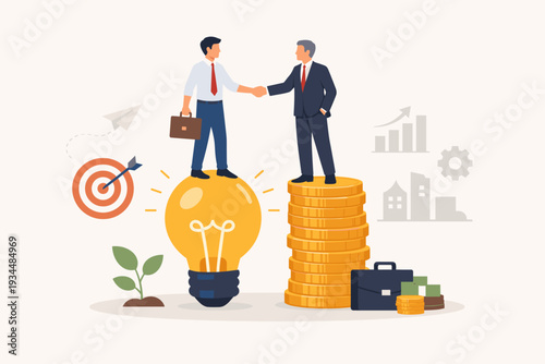 Venture capital investment and startup funding concept with businessmen shaking hands. Entrepreneur with a light bulb idea and investor on a stack of coins for merger and acquisition deal.