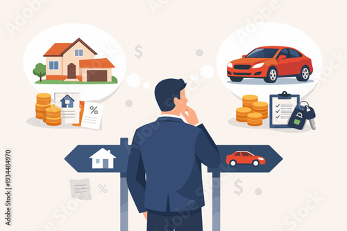 Businessman at a crossroads making a difficult financial decision between buying a new house or a red car, weighing mortgage loans, interest rates, and long-term investment obligations and debt.