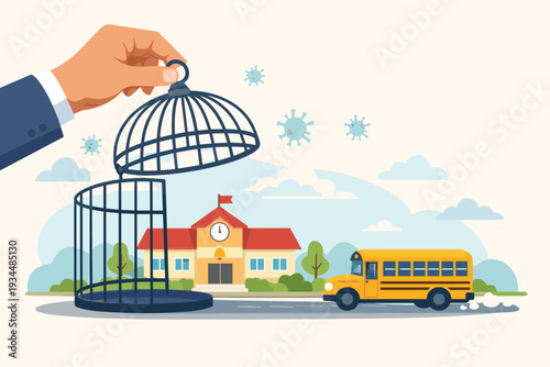 School Reopening After COVID-19 Lockdown Concept with Hand Lifting Cage from School Building and Yellow Bus. Education Returning to Normalcy After Coronavirus Pandemic Quarantine and Safety.