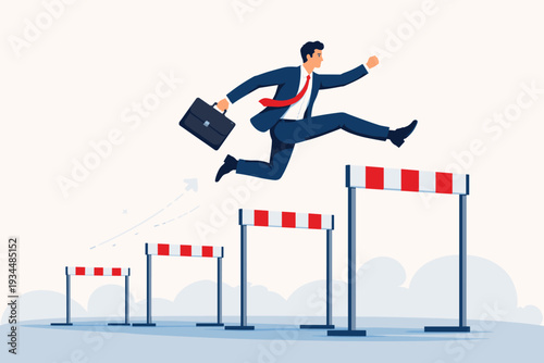 Businessman in a suit jumping over hurdles of increasing height, representing career growth, overcoming professional challenges, personal development, skill improvement, and achieving success.