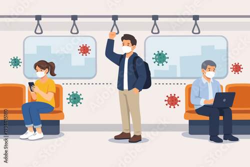 Social Distancing in Public Transportation with People Wearing Face Masks to Prevent COVID-19 Coronavirus Spread, Commuters Keeping Safe Distance on Subway Train during Pandemic Illustration