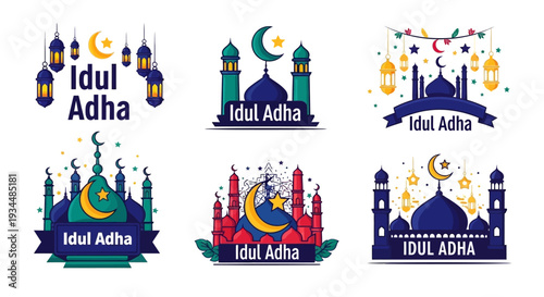 Idul Adha celebration design elements with mosque and lanterns