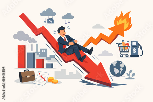 Businessman sliding down a falling red arrow during economic recession and market crash while inflation rises with an orange arrow on fire, depicting stagflation, financial crisis, and high prices.