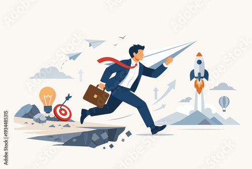 Businessman Jumping Over Cliff with Paper Plane, Symbolizing Startup Innovation, Risk Taking, and Entrepreneurial Courage to Launch New Business Ideas and Achieve Success in a Competitive Market.