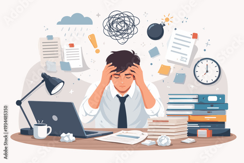 Overworked Employee Suffering from Burnout and Work Anxiety, Vector Illustration of Tired Man at Desk with Heavy Workload, Deadlines, and Mental Stress Symbols like Bomb, Cloud, and Tangled Mess.