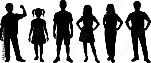 Diverse group of silhouettes representing men women and children standing together against a plain background