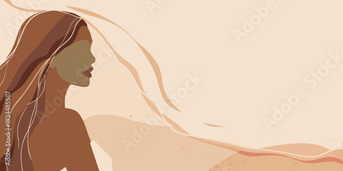 Minimalist illustration of a woman s profile with flowing brown hair