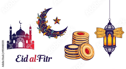 Vibrant Eid al-Fitr celebration with mosque, crescent moon, lantern, and traditional cookies