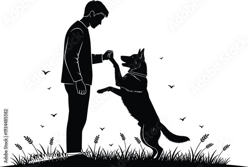 Silhouette of Man Training German Shepherd Dog in Grassy Field with Birds vector illustration