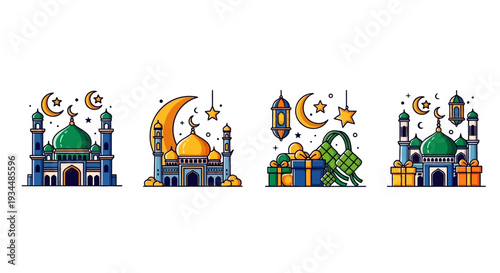 Colorful islamic mosque illustrations with crescent moon and stars