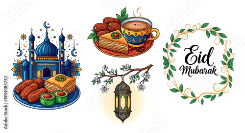 Eid Mubarak celebration with traditional food and decorations