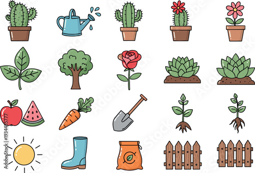 Gardening and Plant Care Icon Set with Potted Cactus, Watering Can, Tree, Flower, Shovel, Seeds, and Farm Elements in Flat Vector Style