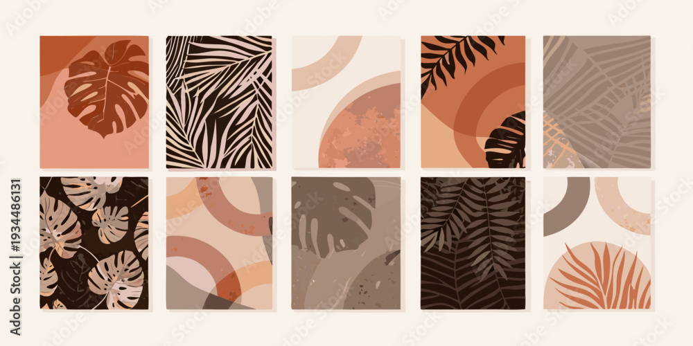 Obraz premium Abstract botanical wall art with warm earthy tones and geometric shapes