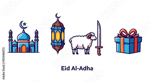 Eid Al-Adha celebration elements with mosque, lantern, sheep, and gift