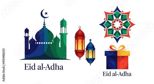 Eid al-Adha celebration with mosque, lanterns and gift box