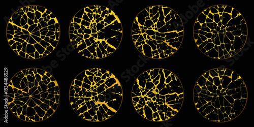 Eight golden cracked circles against a stark black background