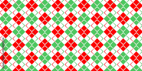 Winter holiday seamless argyle pattern. Red, green and white Christmas background. Diamond rhombus plaid repeat texture. Vector checkered lozenge print for fabric, wallpaper, backgrounds, wrapping