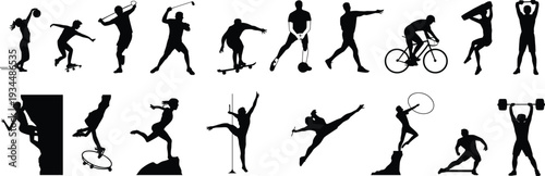 Black silhouette collection of diverse athletes performing extreme sports like rock climbing cycling skateboarding and martial arts for physical fitness and healthy active lifestyle concepts.