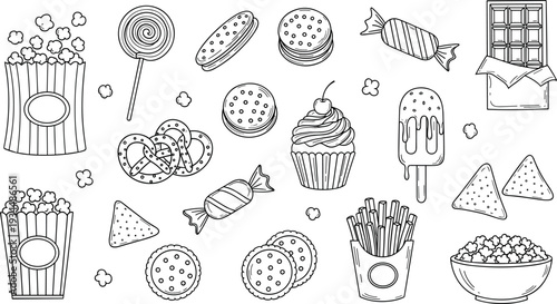 Hand Drawn Snacks and Sweets Doodle Set with Popcorn, Cookies, Candy, Cupcake, Chocolate, and Fast Food Vector Illustration