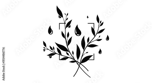 A delicate arrangement of leaves and water droplets presents a minimalist botanical study in black silhouette high quality
