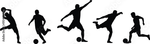 Black silhouette collection of professional male soccer players in dynamic action poses including kicking dribbling and goalkeeping for athletic performance and sports competition concepts.