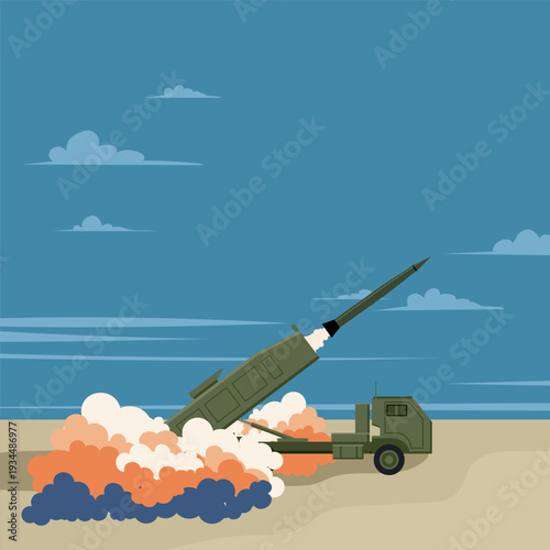 Ballistic Missile Launch from Military Truck Launcher. Vector Illustration