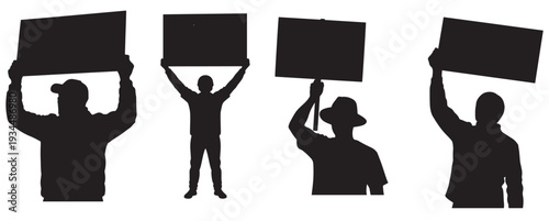 Protesters Holding Placards Silhouettes — Civic Demonstration Crowd With Raised Signs And Banners, Black Solid Vector Isolated On White