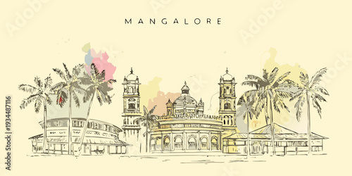 Mangalore cityscape A watercolor style illustration of coastal architecture