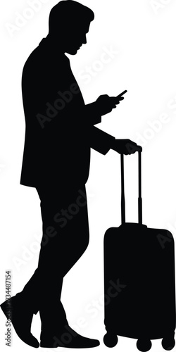 Black silhouette of a professional businessman with a rolling suitcase using a smartphone for business travel global connectivity digital nomad and mobile office concepts.
