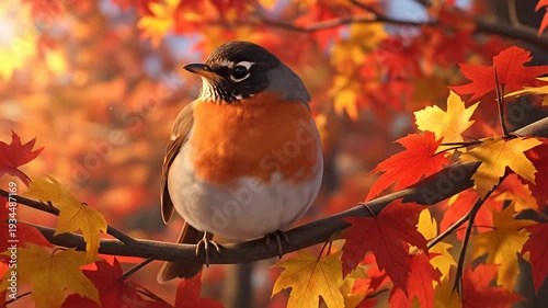 A robin perched on a branch amidst vibrant autumn leaves.