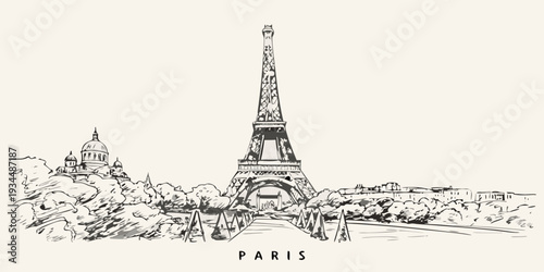 Sketch of the eiffel tower and paris cityscape in monochrome style