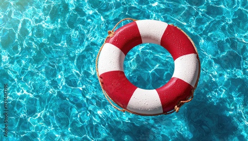 A red and white life preserver ring floating on the surface of a clear blue swimming pool.