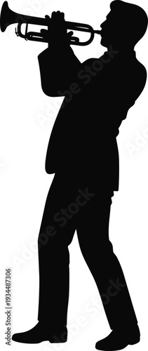 Black silhouette of a professional male musician in a suit playing the trumpet for jazz music performance live entertainment and artistic talent concepts.