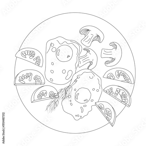 A breakfast of scrambled eggs, fresh tomatoes, mushrooms, fried vegetables, and a sprig of dill. Food on a plate in doodle style. Vector illustration isolated on a white background.