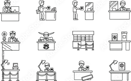 Passport Control and Immigration Icons Set: Customs Officer, Border Security, Airport Checkpoint, and Travel Visa Line Art