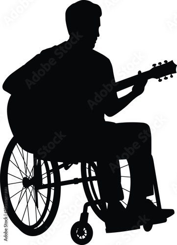 Black silhouette of a professional male musician in a wheelchair playing acoustic guitar for inclusive performing arts disability empowerment and creative music hobby concepts.