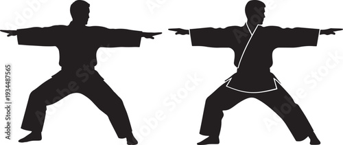 Silhouettes of martial arts practitioners in karate or taekwondo poses, representing discipline and strength