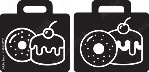 Lunch box icons with a donut and a frosted cake, simple black and white graphics for food or snacks