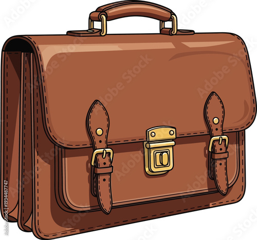 Classic brown leather satchel features brass buckles and a sturdy top handle.