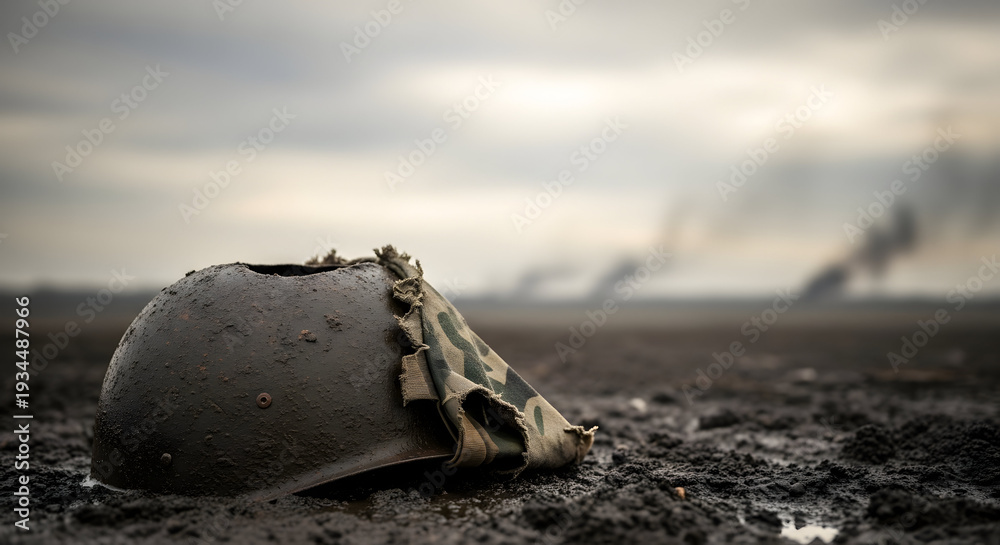 Fototapeta premium A desolate battlefield scene with a damaged helmet lying in the mud, smoke rising in the distance under a cloudy sky, symbolizing war and its aftermath