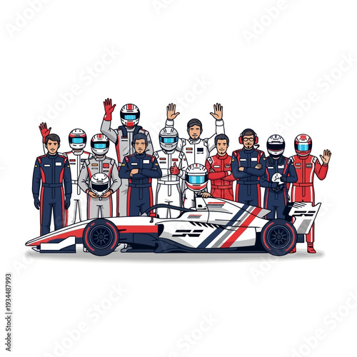 Formula 1 Racing Team Poses with Race Car