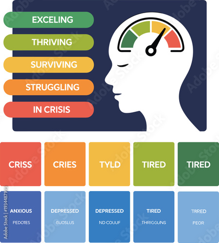 Mental health continuum infographic with gauge scale showing emotional states from excelling to crisis for psychological wellness corporate burnout and stress management concepts.