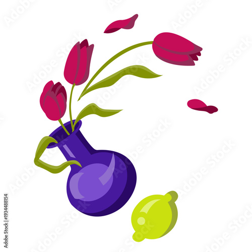 Falling vase with falling bouquet of tulips and lemon nearby. Vector illustration isolated on white background.