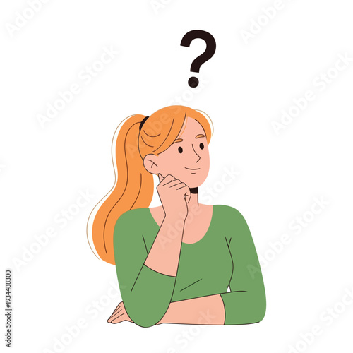 Young woman with blonde ponytail thinking with a question mark above her head