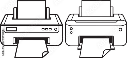 Printer icons with paper output, line art for office equipment, printing services, or technology concepts