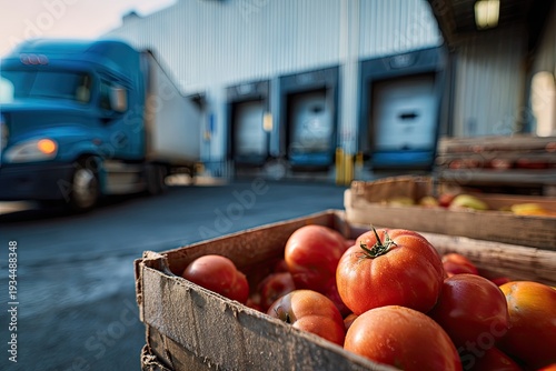 Fresh Tomatoes in Crate at Distribution Center with Truck.