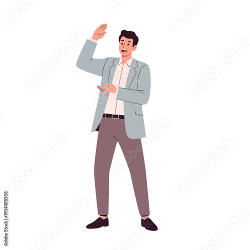 A man in a suit gesturing with his hands, appearing to explain or present an idea