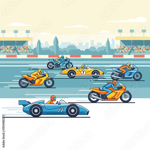 Motorcycle and car race on track with grandstands and city skyline