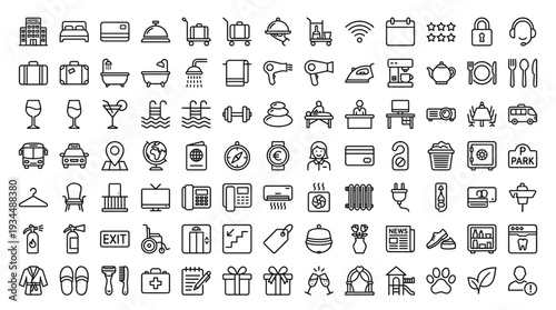 Set of 100 Hotel and Hospitality Line Icons Vector