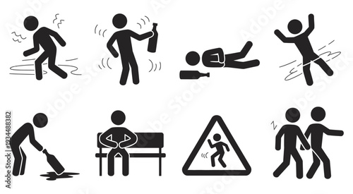 Alcohol Intoxication Icons, Depicting Drunk Men and Women Experiencing Falling, Vomiting, and Negative Behavioral Effects in Simple Vector Design.